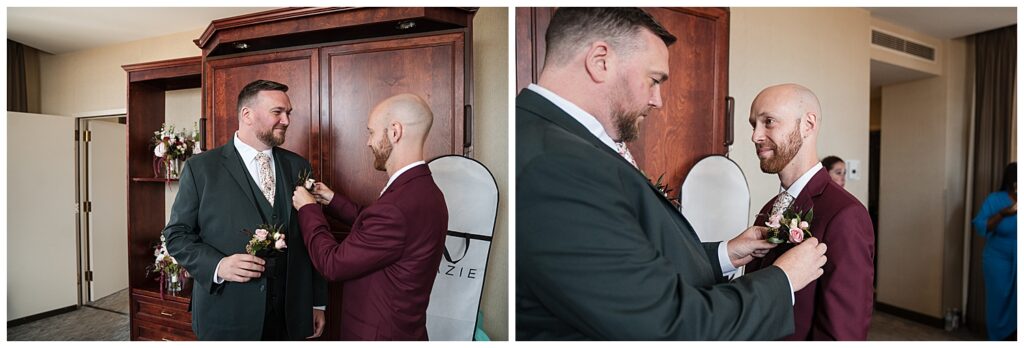 Brian pins a boutonniere on Jeff before the wedding day begins