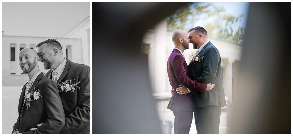 Brian and jeff pose for wedding portraits at the Albright Knox Art Gallery
