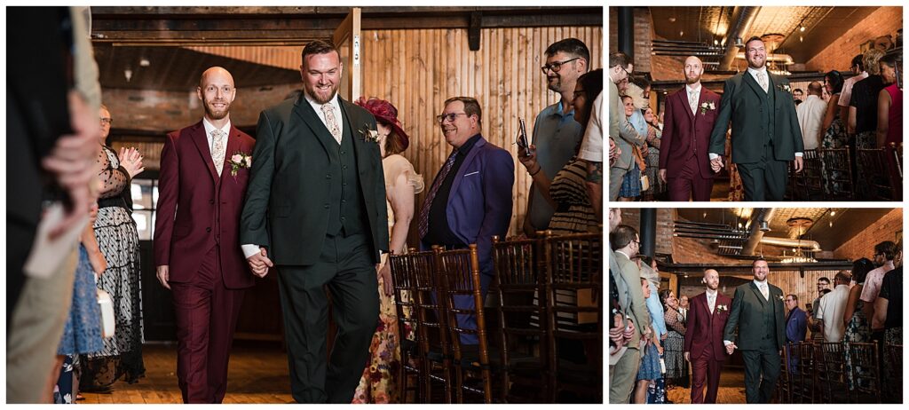 Brian and Jeff walk down the aisle of their wedding at pearl at the webb