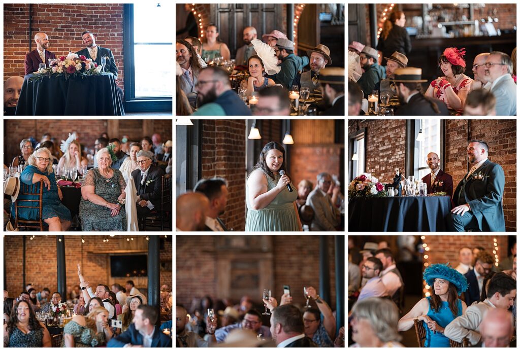 Guests sit and enjoy wedding toasts