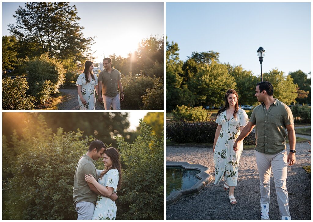 Couple walks through the Delaware park rose garden during sunset. Light trickles in the background greenery.