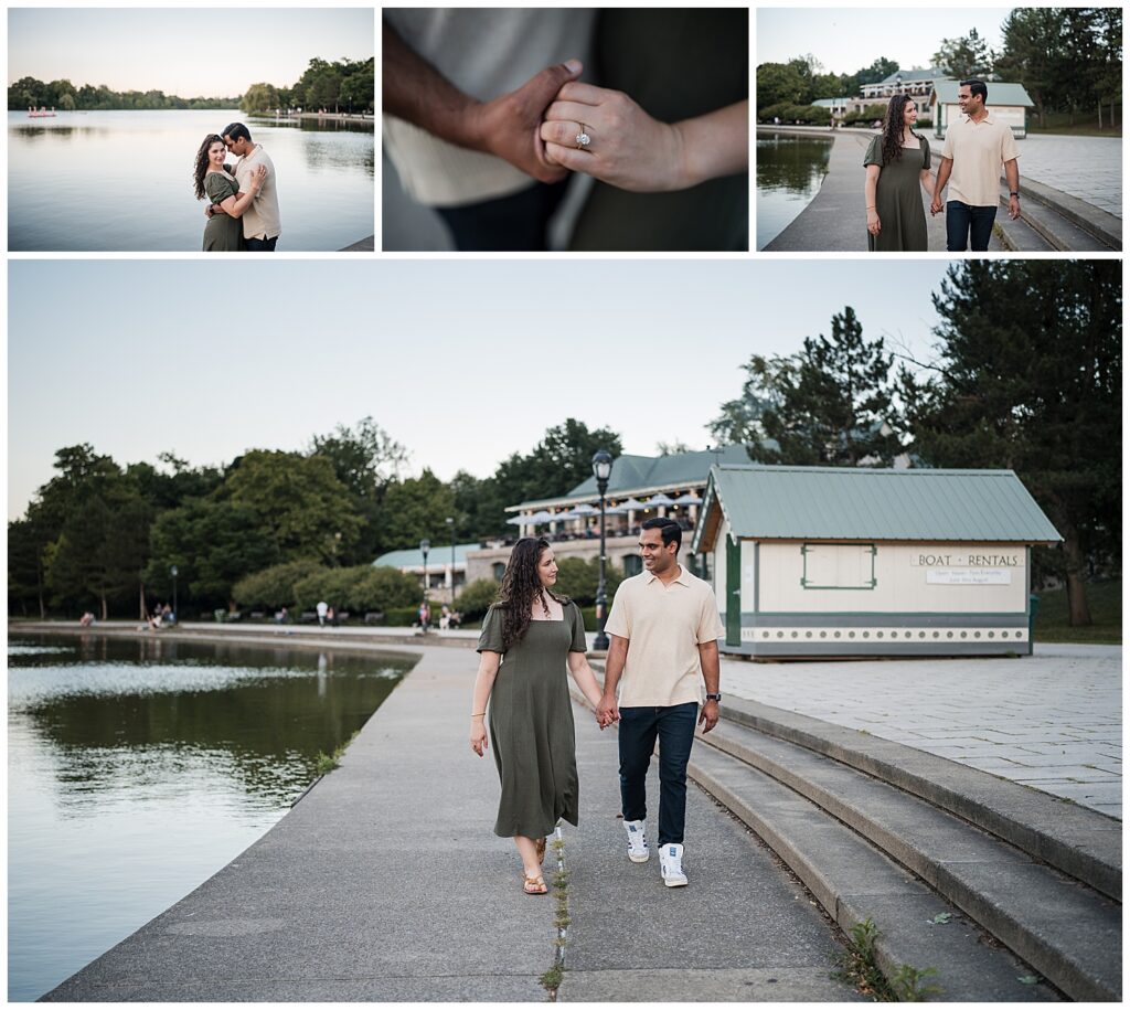 Sarahh and Ankur walk along Hoyt Lake Buffalo. Sarah is in a green dress while Ankur is in jeans and a Cream polo shirt. 