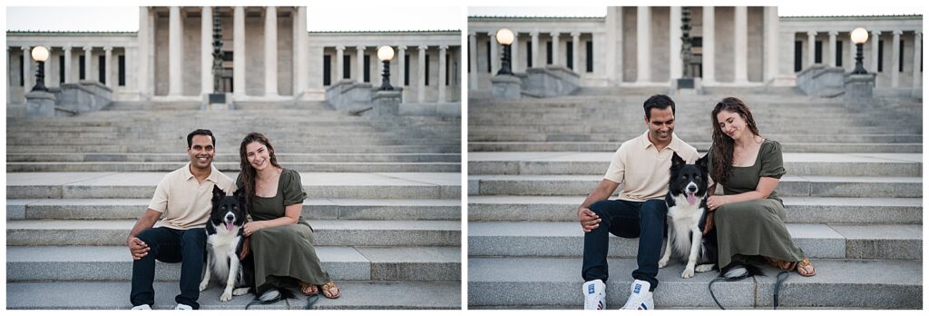 Sarah and Ankur pose on the stairs of the Albright Knox art gallery with their dog. 