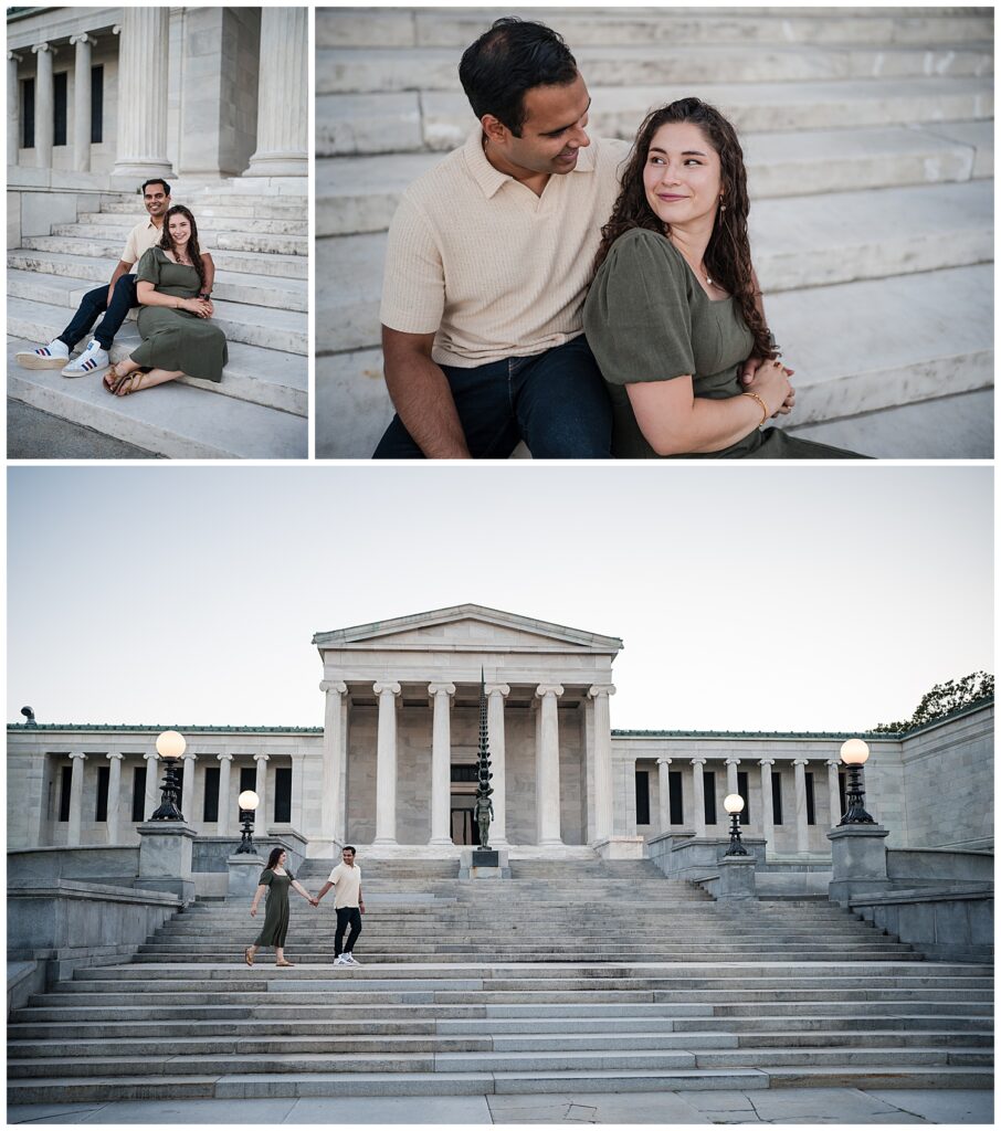 Sarah and Ankur sit on the steps of the Albright Knox art gallery for their engagement photos.