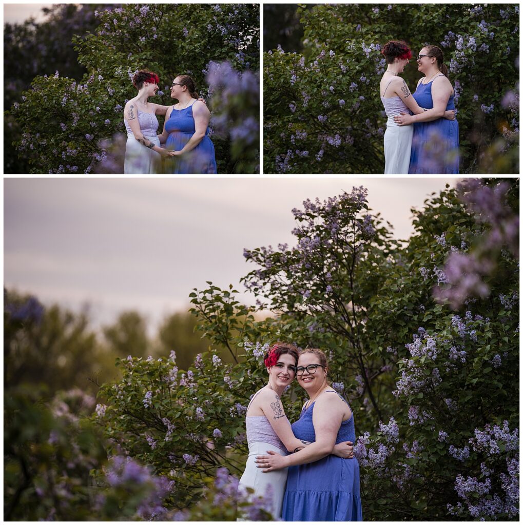 Cas and Kaylie pose for an engagement photo in highland park rochester. The lilacs are in fill bloom.
