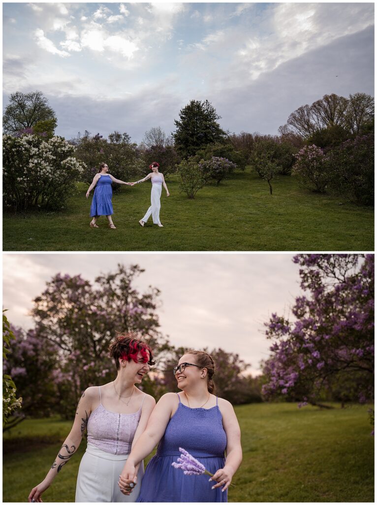 Cas and Kaylie walk and laugh together in highland park. Kaylie is in a purple dress to match the lilacs