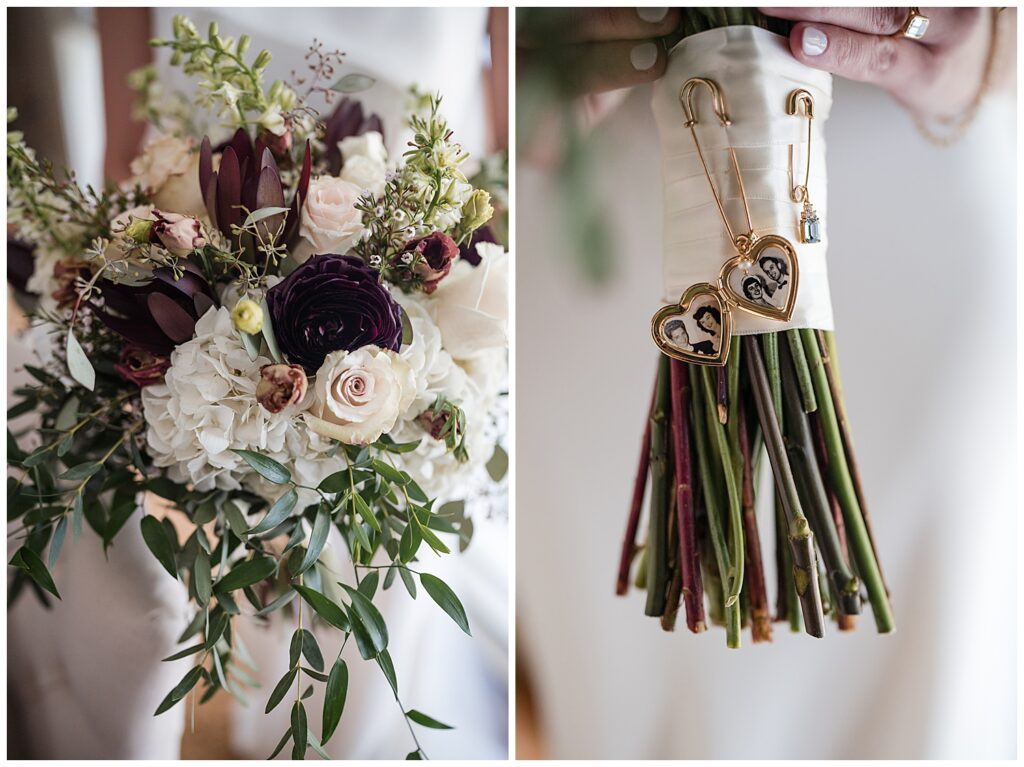 detail images of brides bouquet. They have a locket and charm attached