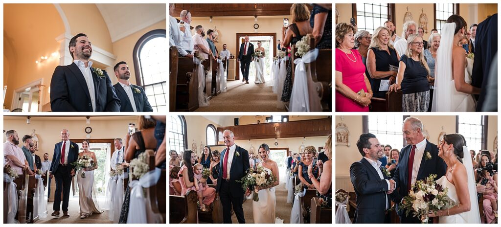 Bride walks down the church aisle with her father.