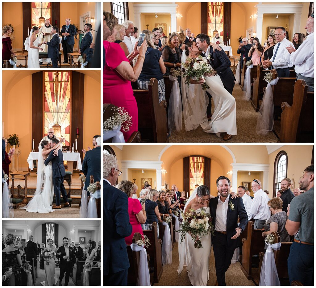 Emily and Vinny walk down the church aisle after becoming husband and wife.