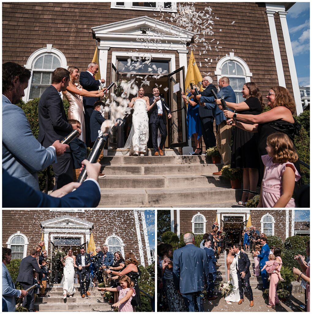 Emily and Vinny exit the church to their friends and family cheering and throwing confetti at them.