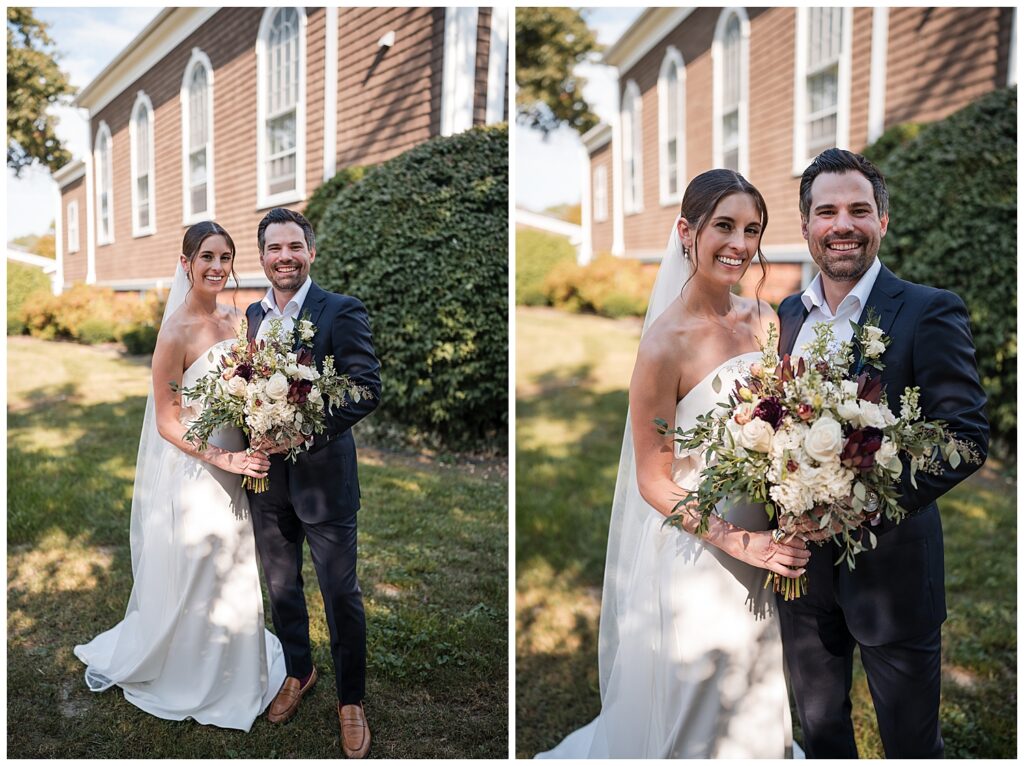 portrait of bride and groom outside the church. They are holding the bouquet and looking at camera.