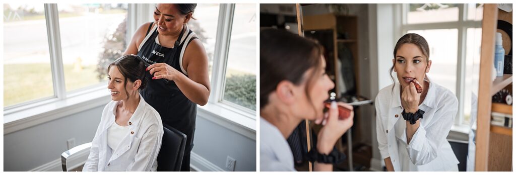 Bride gets final touches of hair and makeup done on her wedding morning