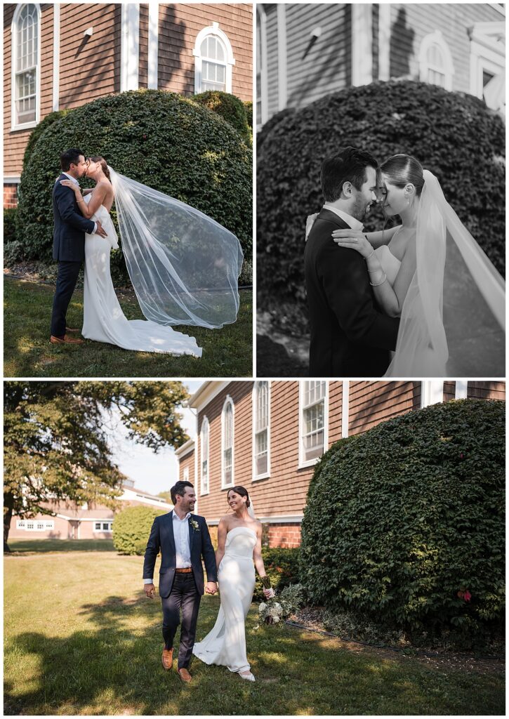 portraits of emily and vinny outside the church on their wedding day. Emilys veil is flowing in the wind.