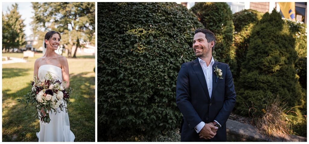 Bride and groom look towards one another for wedding day portraits