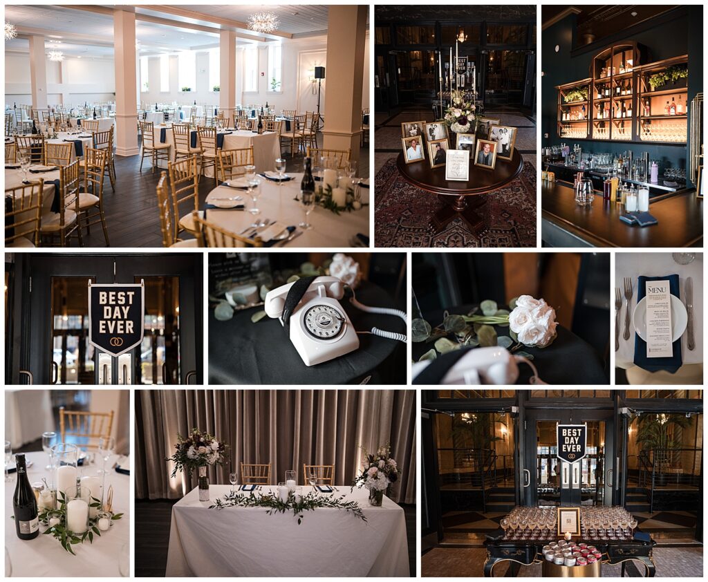 detail photos of the couples wedding decor inside of the show at sheas seneca