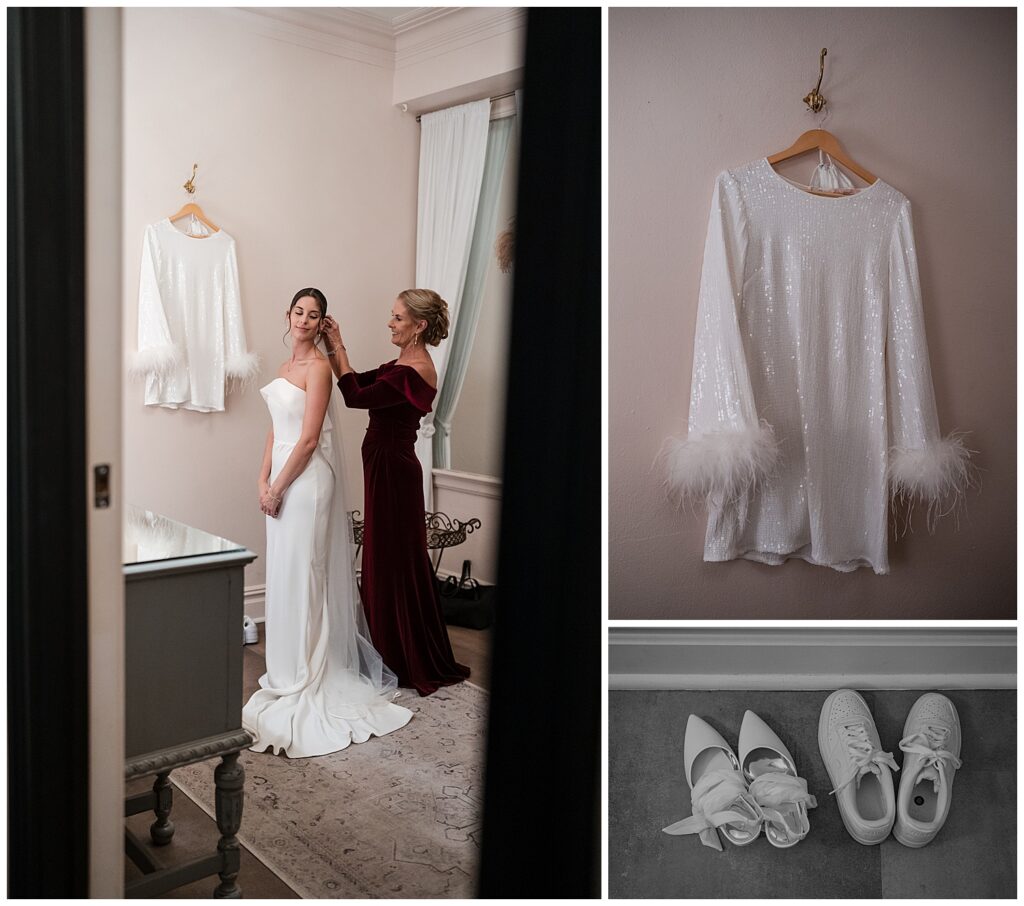 Emilys mom adjust her veil inside the bridal suite at the show at sheas seneca