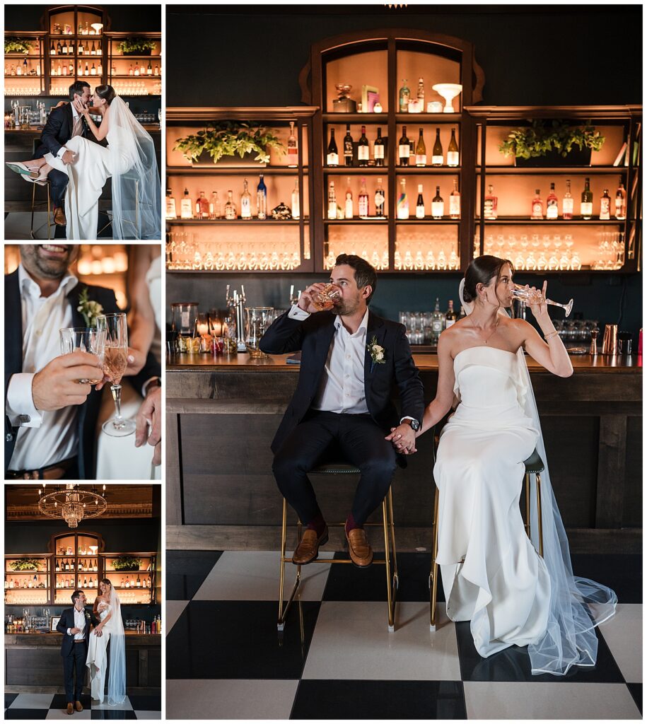 Emily and Vinny enjoy a drink and pose near the bar inside the show at sheas seneca.