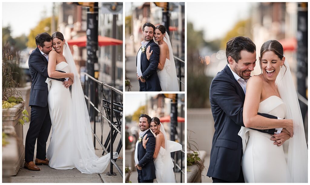 Emily and Vinny pose for portraits outside the show at sheas seneca. They are embracing each other while laughing.