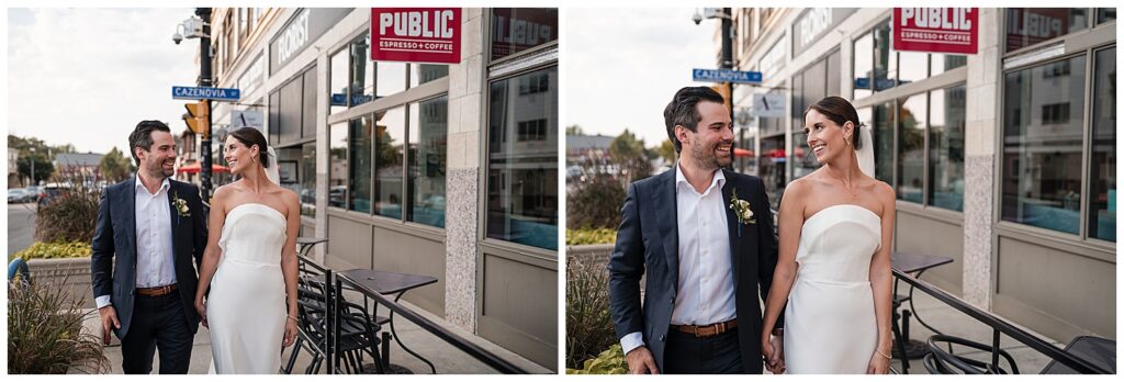 emily and vinny walk along seneca st buffalo ny outside of the show at sheas seneca