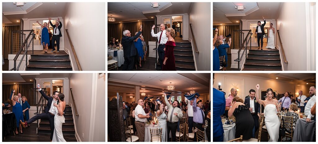 emily and vinny enter the wedding reception at the show at sheas seneca. Guests can be seen cheering for them as they enter.