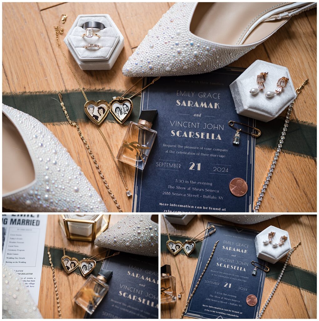 flat lay photos of the brides morning wedding details. Including shoes, jewelry, wedding invitation, and a locket with photos of the brides grandparents.