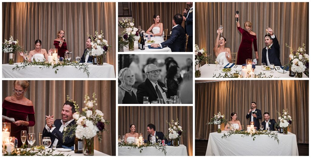 emilys mother gives a speech at the wedding reception. The couple laughs togehter