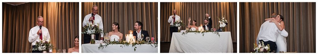 the brides father gives a speech during the wedding reception toasts.