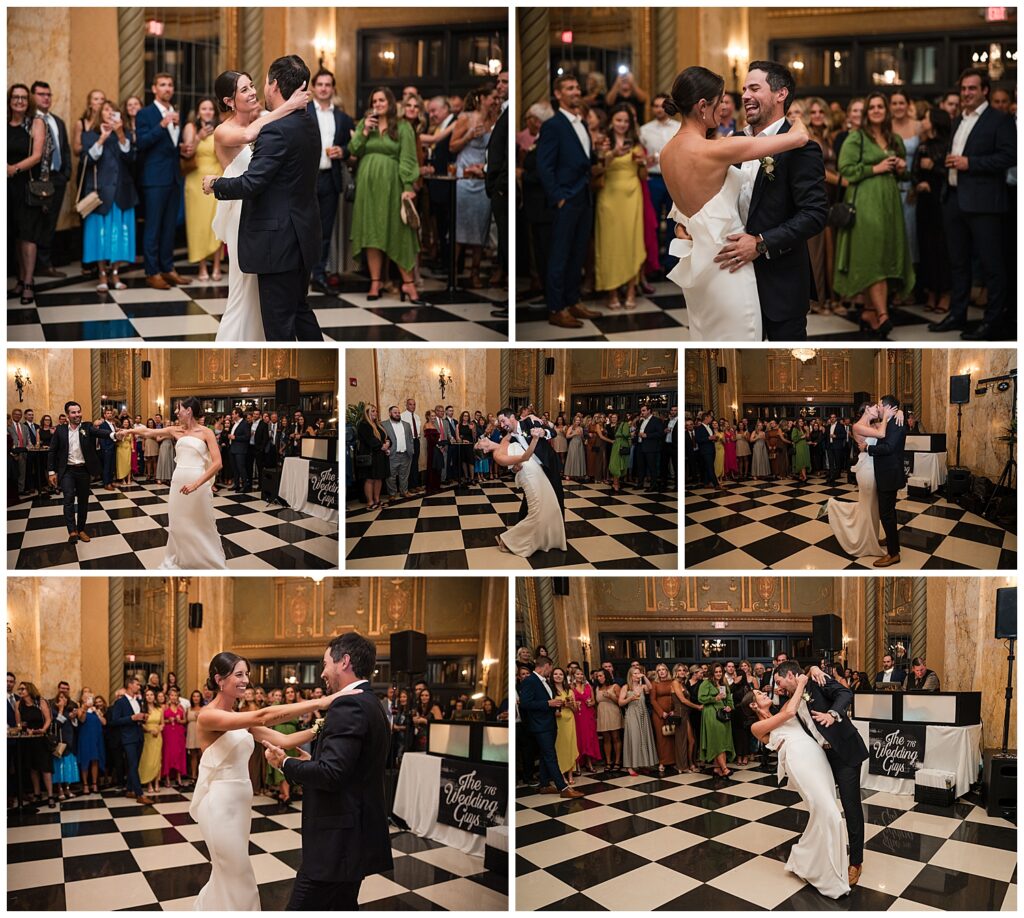 emily and vinny share their first dance as husband and wife on the black and white checkered floor of the show at sheas seneca