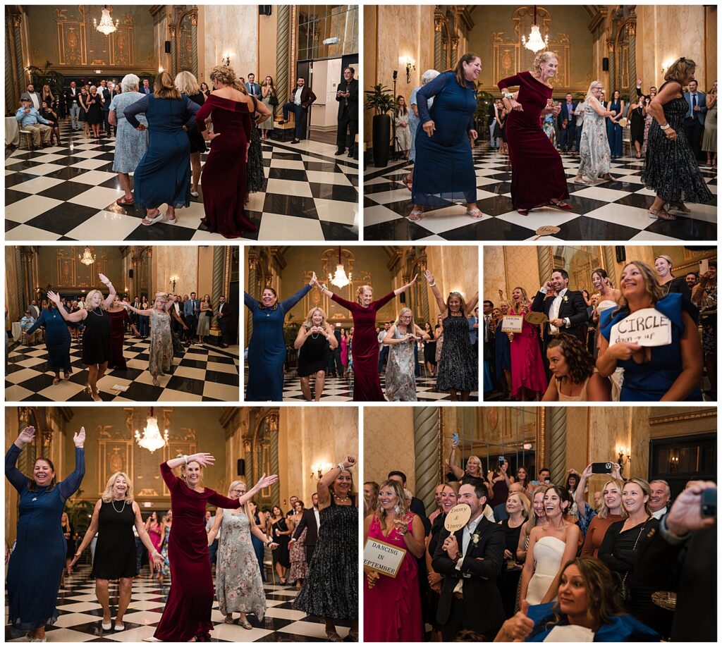 Emilys mother coordinates a dance for the bride and groom. Everyone is seen laughing and cheering/