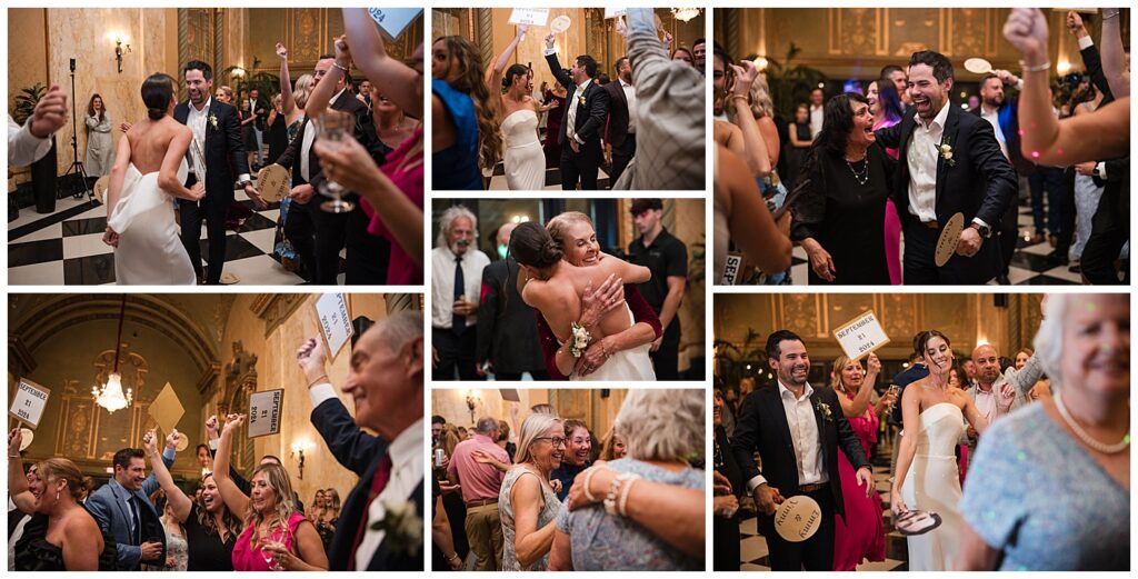 bride and groom dancing with their guests at the wedding reception