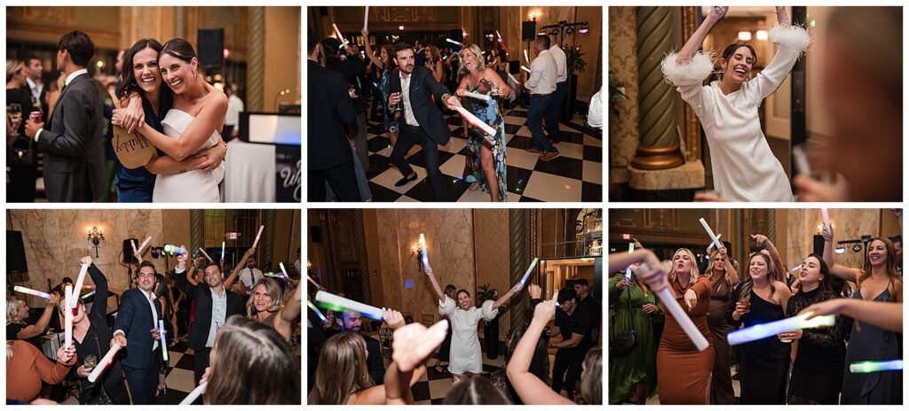 bride and groom dancing with their guests at the wedding reception