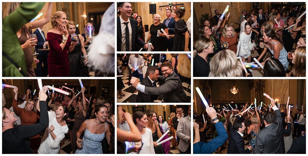 bride and groom dancing with their guests at the wedding reception