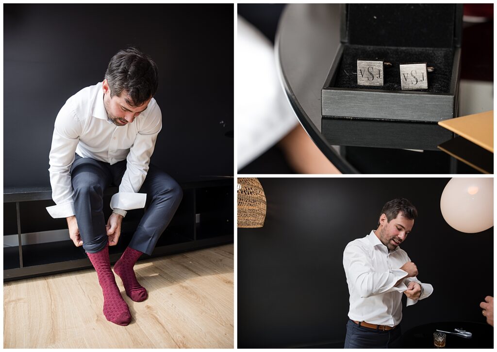 groom putting on socks and cufflinks on the wedding morning