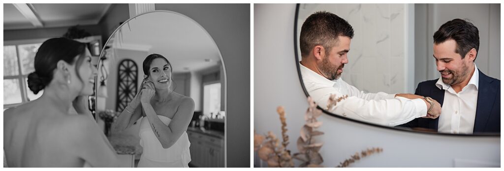 Bride putting wedding earrings on in the mirror.