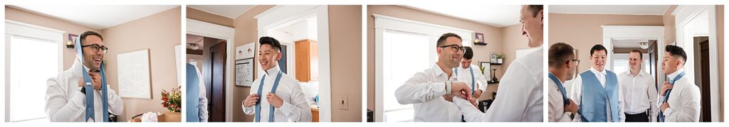 groom gets ready on the wedding morning with his groomsmen