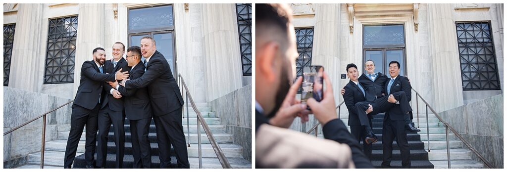 groom and groomsmen pose for photos on the steps of the buffalo history museum