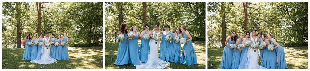 bride and bridesmaids pose for formal photos on wedding day