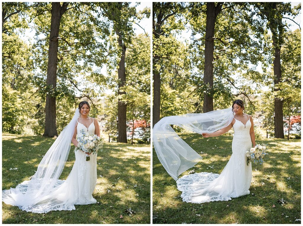 Tiffany poses for bridal portraits as her veil blows in the summer breeze.