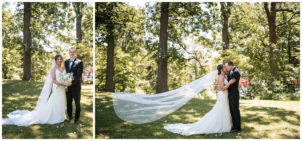 bride and and groom pose for formal photos on wedding day outside the buffalo history museum