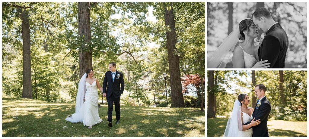 bride and and groom pose for formal photos on wedding day outside the buffalo history museum
