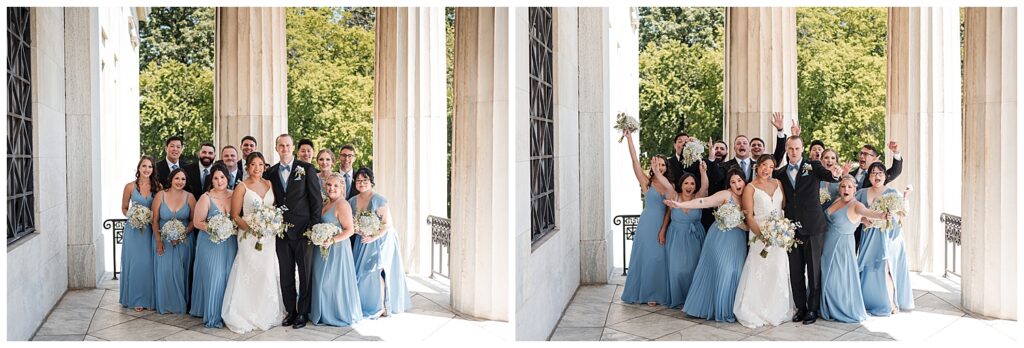 Bride groom and wedding party pose for formal photos on wedding day on the steps of the buffalo history museum