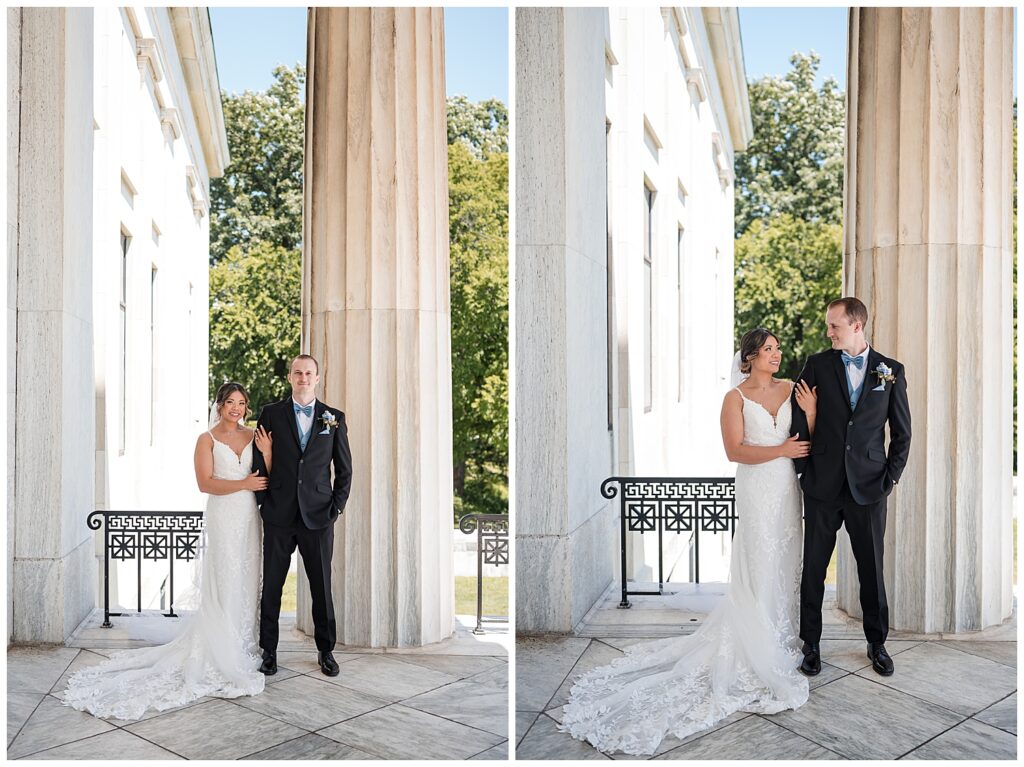 bride and and groom pose for formal photos on wedding day outside the buffalo history museum