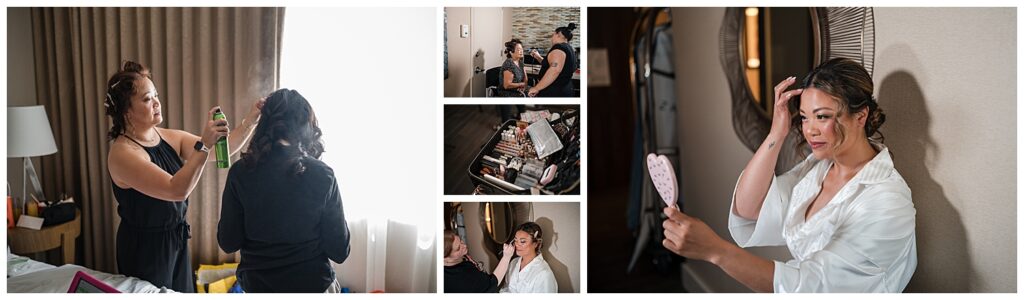 bride gets hair and makeup done on her wedding morning