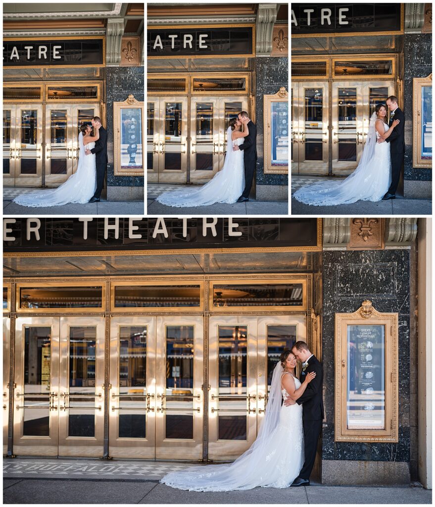 bride and groom pose for photos outside sheas performing arts center in buffalo ny
