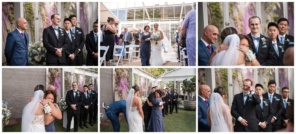 bride walks down the wedding aisle with her mother