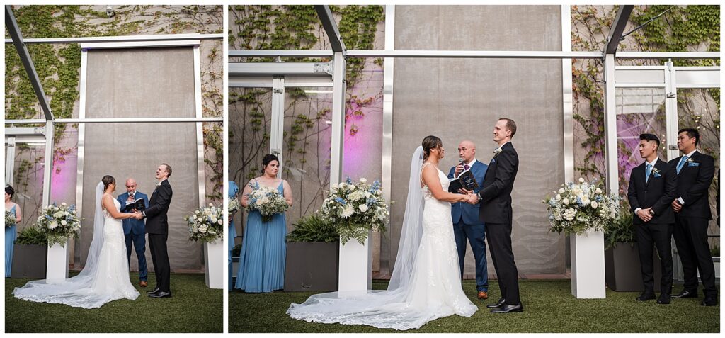 bride and groom stand at the alter during their wedding ceremony at the westin buffalo courtyard