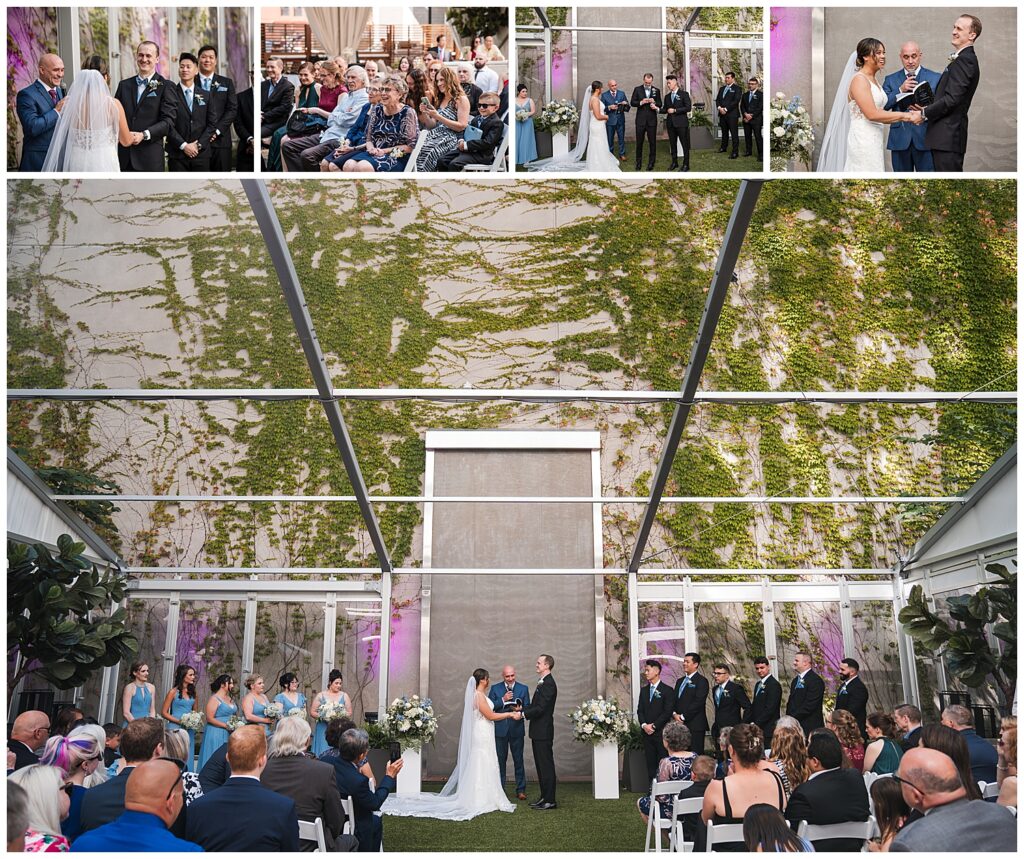 bride and groom stand at the alter during their wedding ceremony at the westin buffalo courtyard