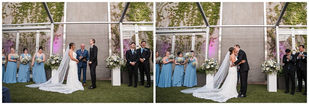 bride and groom stand at the alter during their wedding ceremony at the westin buffalo courtyard