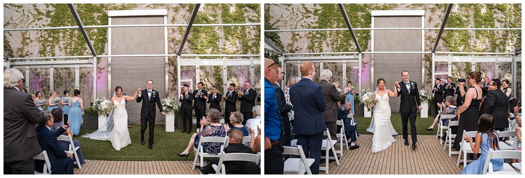 bride and groom stand at the alter during their wedding ceremony at the westin buffalo courtyard