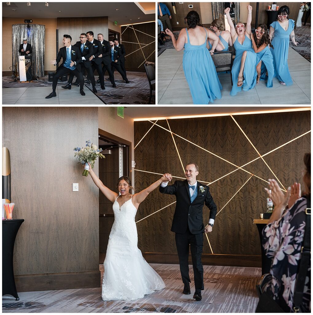 bride and groom enter the wedding reception cheering
